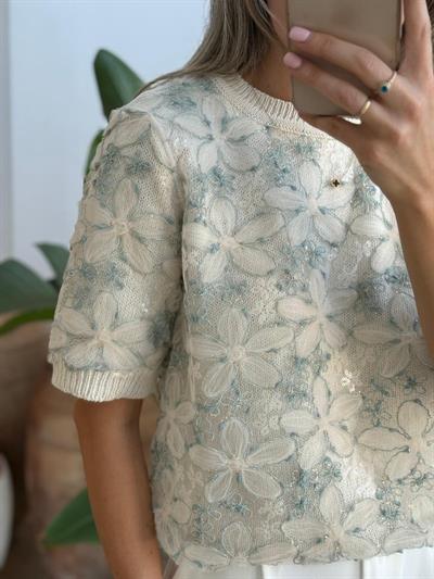 Çiçek Aplikeli Mint Yeşili Nakışlı Triko Bluz
