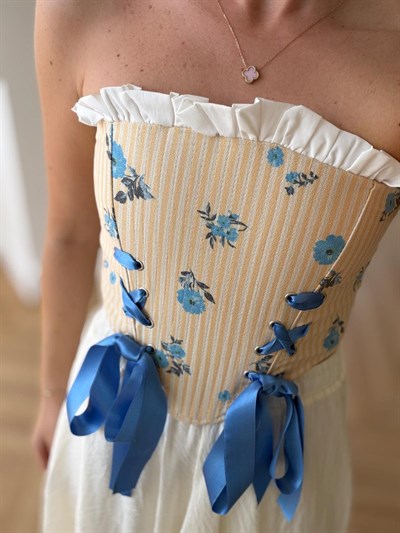 Çiçek Desen Mavi Vintage Korse