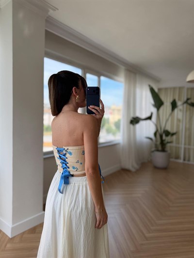 Çiçek Desen Mavi Vintage Korse