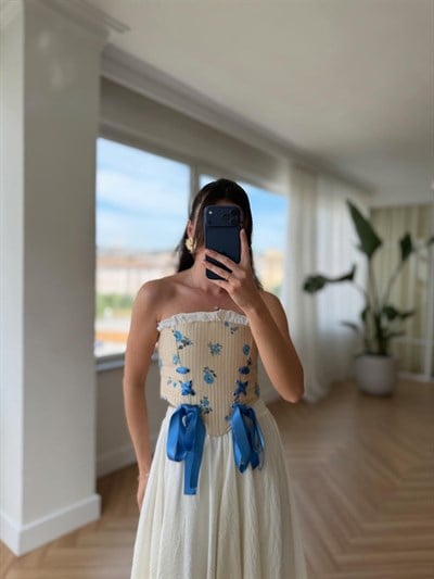 Çiçek Desen Mavi Vintage Korse