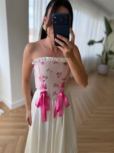 Çiçek Desen Pembe Vintage Korse