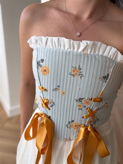 Çiçek Desen Sarı Vintage Korse