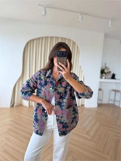 Çiçek Desenli Denim Ceket
