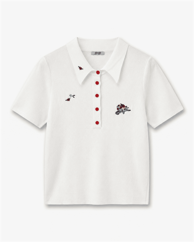 Çiçek Nakışlı Polo Yaka Beyaz Triko