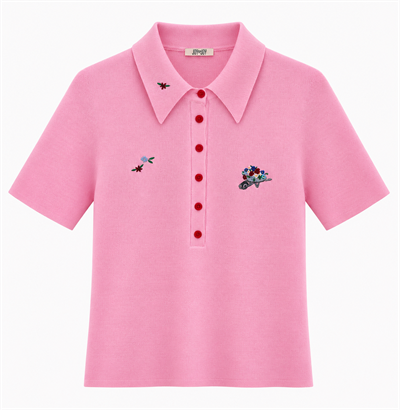 Çiçek Nakışlı Polo Yaka Pembe Triko