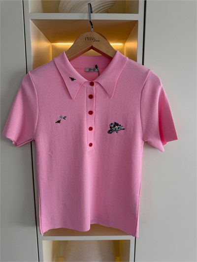 Çiçek Nakışlı Polo Yaka Pembe Triko