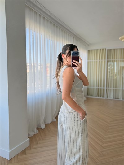 Çiçek Çizgili Keten Karışımlı Pantolon