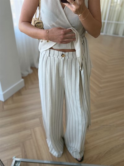 Çiçek Çizgili Keten Karışımlı Pantolon