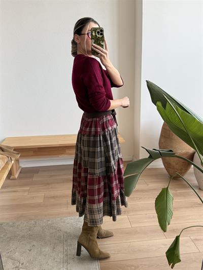 Çift Renk Ekose Desen Asimetrik Kesim Etek