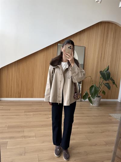 Çıkarılabilir Kürk Yakalı Bej  Mont