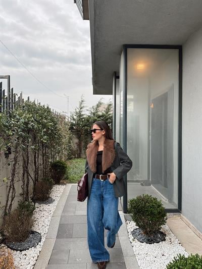 Çıkarılabilir Kürk Yakalı Gri Blazer Ceket