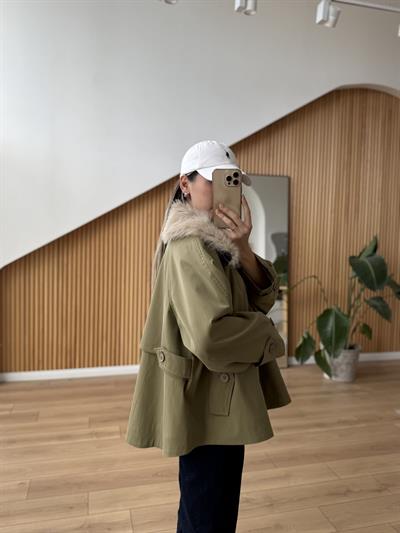 Çıkarılabilir Kürk Yakalı Haki Mont