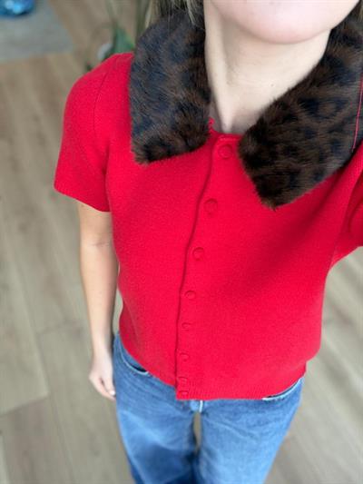 Çıkarılabilir Kürk Yakalı Kırmızı Triko Hırka