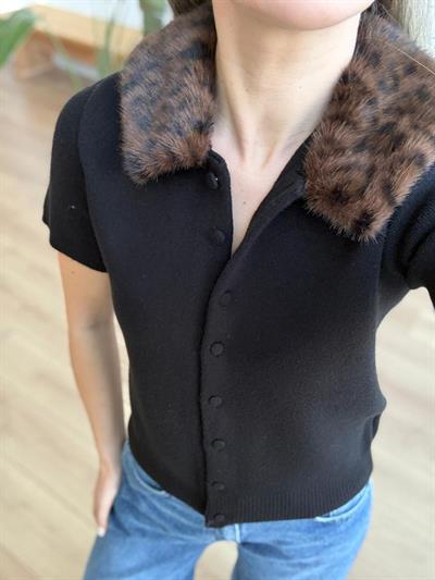 Çıkarılabilir Kürk Yakalı Siyah Triko Hırka