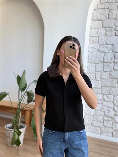 Çıkarılabilir Kürk Yakalı Siyah Triko Hırka