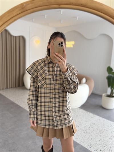 Çıkarılabilir Şal Detaylı Bej Kahverengi Ekose Gömlek