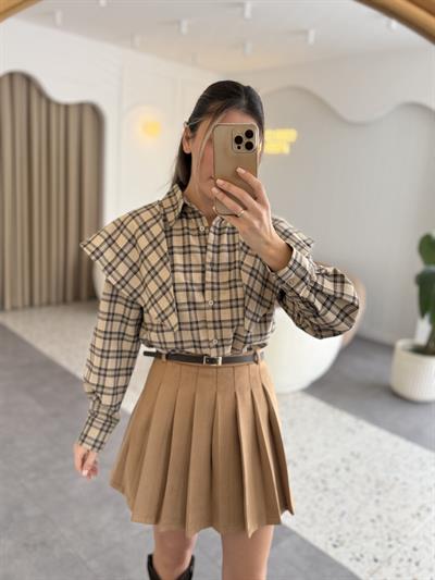 Çıkarılabilir Şal Detaylı Bej Kahverengi Ekose Gömlek