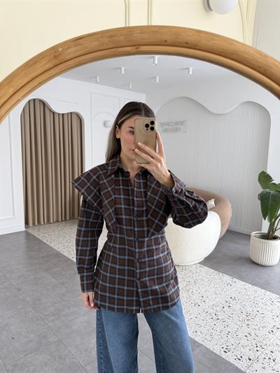 Çıkarılabilir Şal Detaylı Mavi Kahverengi Ekose Gömlek