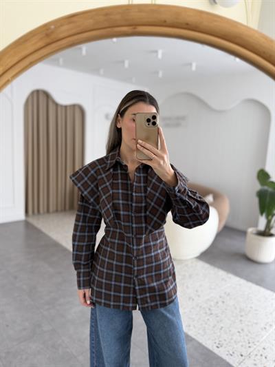 Çıkarılabilir Şal Detaylı Mavi Kahverengi Ekose Gömlek