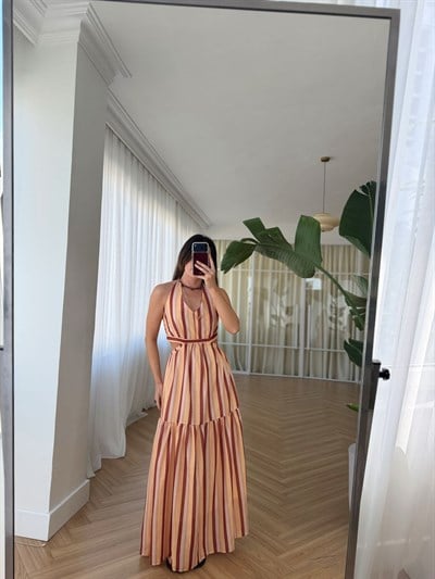 Çizgili Bağlama Detaylı Oranj Elbise
