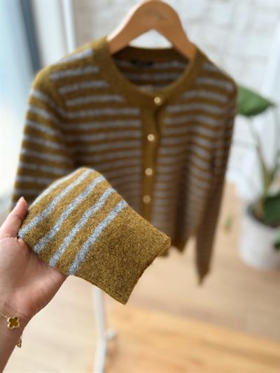 Çizgili Olive Hırka