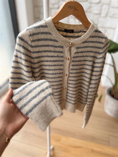 Çizgili Taş Rengi Hırka