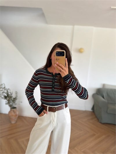 Çok Renkli Çizgili Yeşil Basic Triko