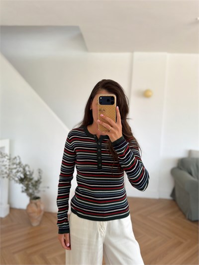 Çok Renkli Çizgili Yeşil Basic Triko