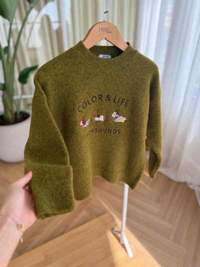 Color & Life Nakışlı Olive Triko