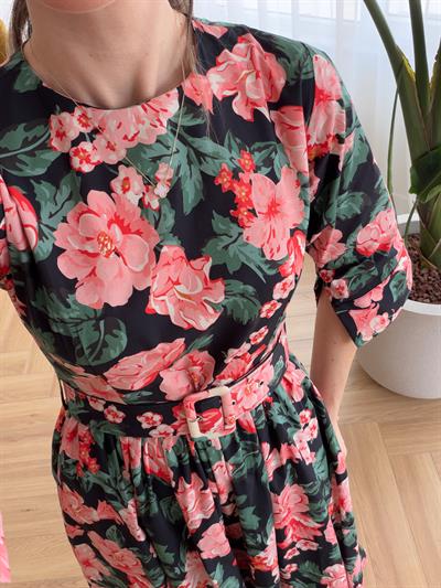 Cream Floral Desen Kemerli Poplin Elbise