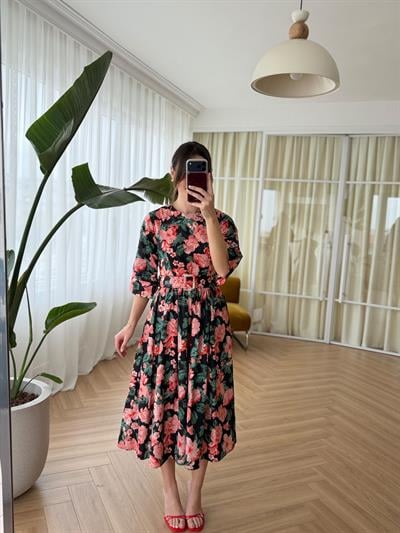 Cream Floral Desen Kemerli Poplin Elbise