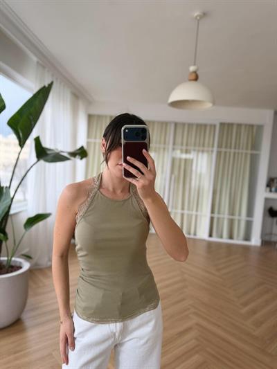 Dantel Detaylı Halter Yaka Olive Body
