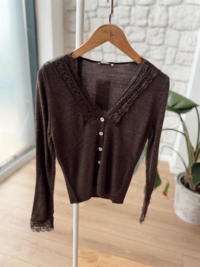 Dantel Detaylı Kahverengi Triko Hırka