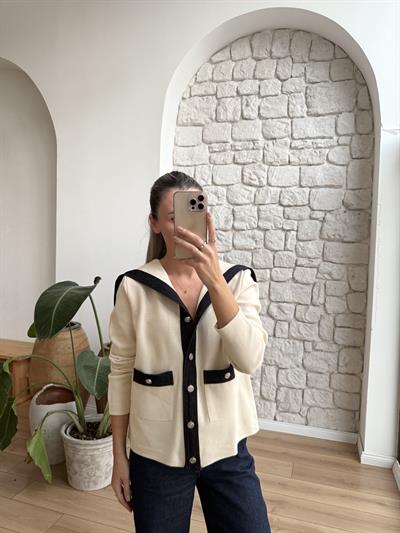 Denim Garnili Ekru Çelik Triko Hırka
