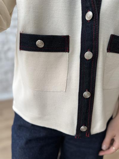 Denim Garnili Ekru Çelik Triko Hırka