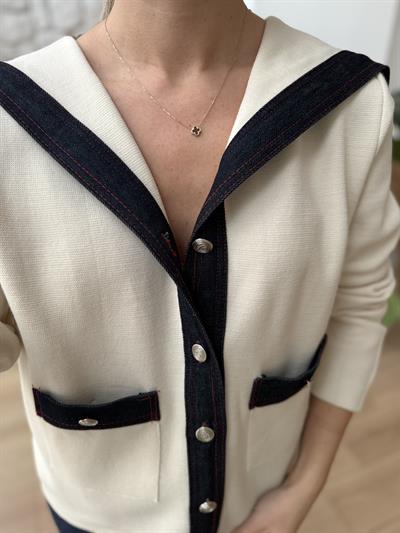 Denim Garnili Ekru Çelik Triko Hırka