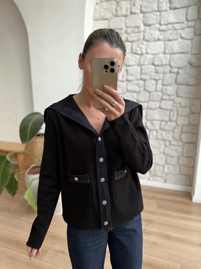 Denim Garnili Siyah Çelik Triko Hırka