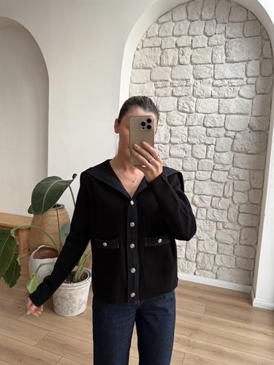 Denim Garnili Siyah Çelik Triko Hırka