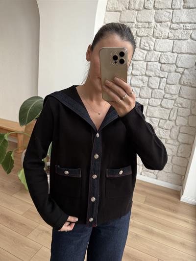 Denim Garnili Siyah Çelik Triko Hırka