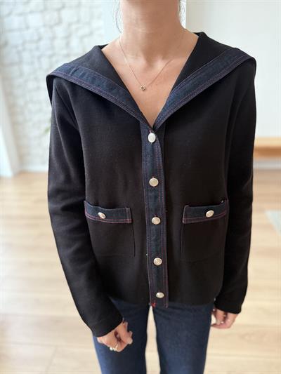 Denim Garnili Siyah Çelik Triko Hırka