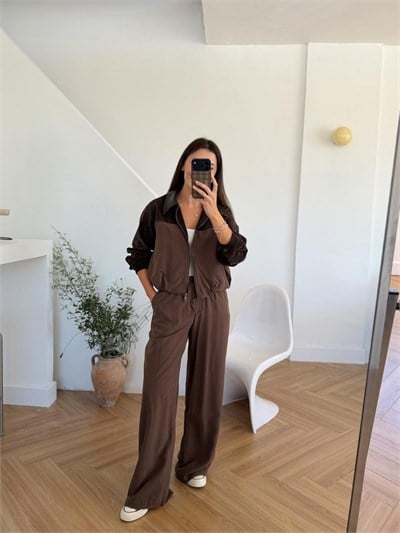 Deri Yaka Kahverengi Bomber Ceket - Pantolon Takım