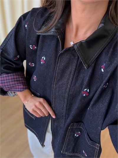 Deri Yaka Nakışlı Lacivert Denim Ceket