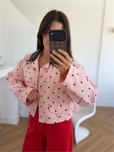 Deri Yaka Puantiyeli Pembe Ceket