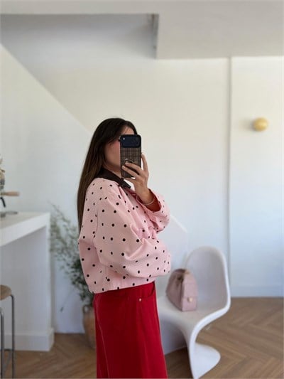 Deri Yaka Puantiyeli Pembe Ceket