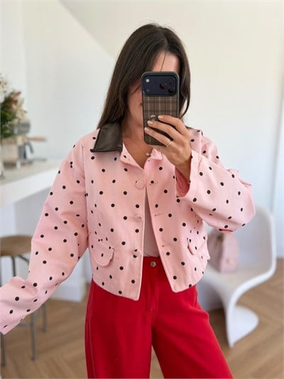 Deri Yaka Puantiyeli Pembe Ceket