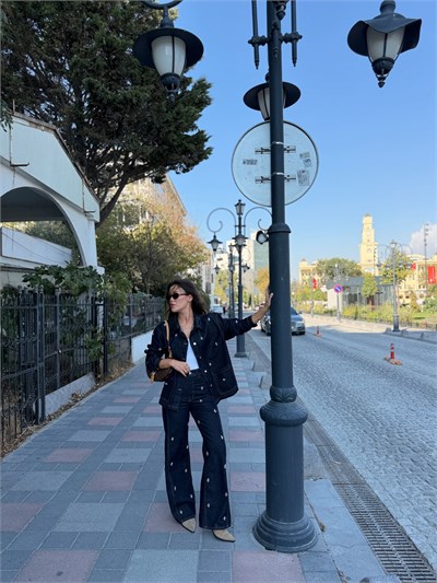 Deri Yaka Taş İşlemeli Ceket