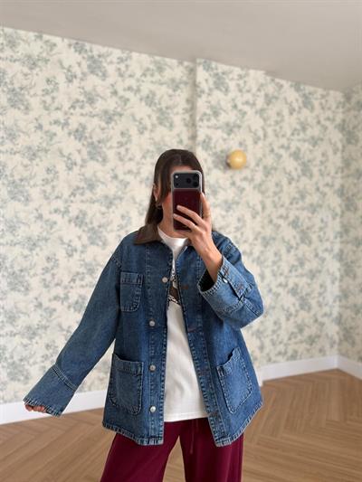 Deri Yakalı Kot Ceket 