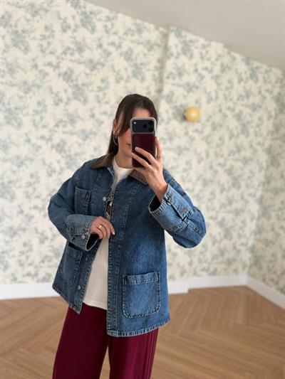 Deri Yakalı Kot Ceket 