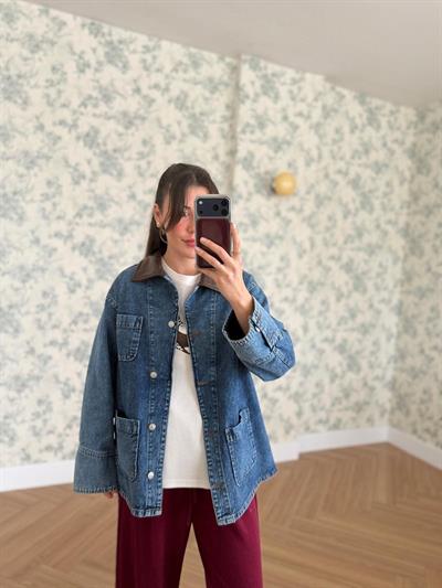 Deri Yakalı Kot Ceket 