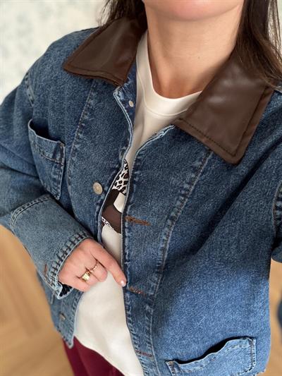 Deri Yakalı Kot Ceket 